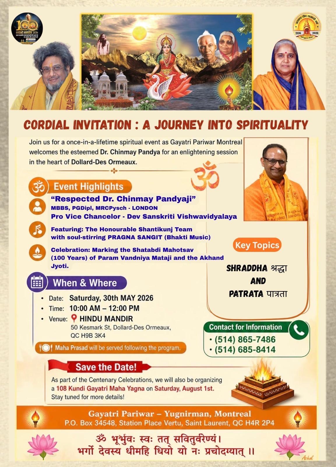 A Journey into Spirituality with Dr. Chinmay Pandya — 30 May 2026, Hindu Mandir, Dollard-Des Ormeaux